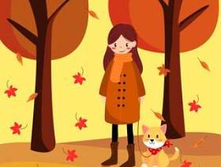 逗人喜爱的女孩和她的狗在秋天背景中。