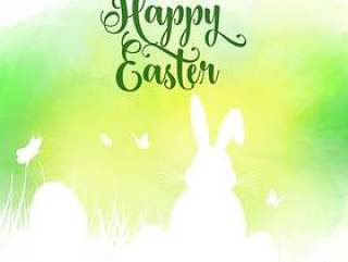 复活节背景与兔子在waterco草地上的剪影