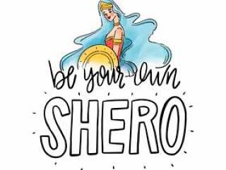 与长长的蓝色头发的超级英雄女人刻字关于妇女的一天