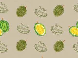 Seamless pattern with durian and durian meat on beige background, vector illustration