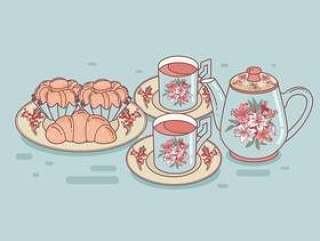 一套茶杯和奶油蛋卷矢量