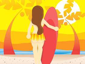海滩流浪汉和女孩与冲浪板，海滩和日落的插图