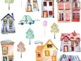 逗人喜爱的动画片水彩房子，汽车和树