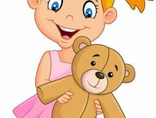 Cartoon little girl playing with teddy bear