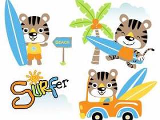 Vector set of funny cat the surfboarder