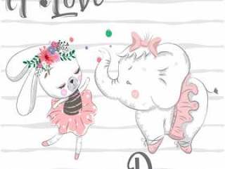 Cute rabbit and elephant cartoon hand drawn