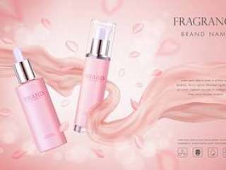 Elegant cosmetic advertising with pink floral petals and silk texture