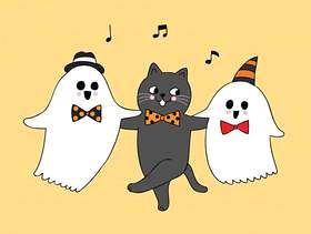 卡通可爱万圣节猫跳舞和鬼魂矢量。