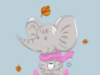 手拉逗人喜爱的婴孩大象和秋天的动画片