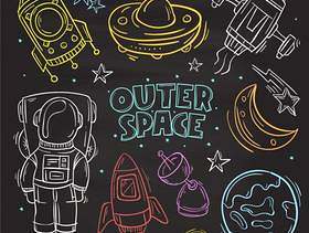 手绘集可爱涂鸦元素。外层空间，宇航员和太空船
