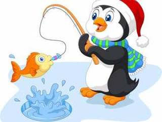 Penguin is fishing wearing Santa hat on the ice