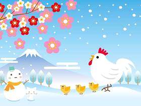 鸡的家长和孩子到富士雪的风景