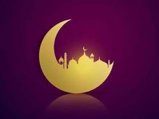 月亮和清真寺剪影紫色背景上