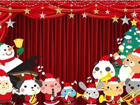 动物乐队圣诞老人的框架与红色的窗帘