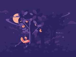 在桃树下休息在夜间插图