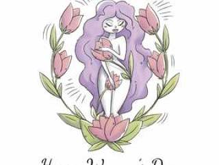 可爱的女人性格与紫色的长头发，叶子和花对妇女的一天