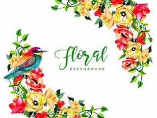 Watercolor Floral Frame Background With Bird