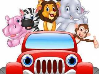 在红色汽车的愉快的假日动物非洲