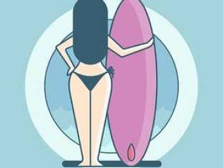 海滩流浪汉和冲浪板标志插画的女孩。