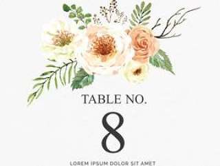 Beautiful watercolor vector invitation with flowers and branch. Table numbers for wedding.