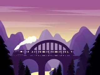矢量紫色景观与桥梁
