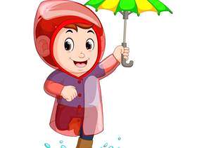 小男孩穿雨衣和拿着伞