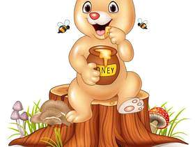 拿着在树桩的动画片滑稽的婴孩熊蜂蜜罐