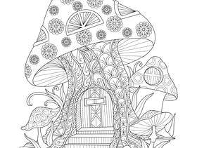 手绘插画的蘑菇房子在zentangle风格