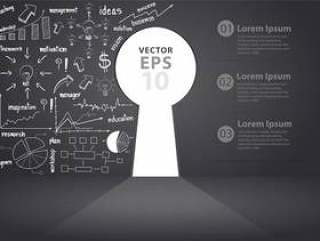 Vector opened wall in form of a keyhole with drawing business plan