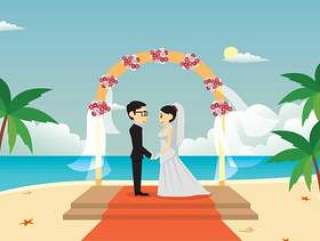在海滩例证的年轻夫妇婚礼