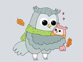 卡通可爱秋天猫头鹰拥抱矢量。