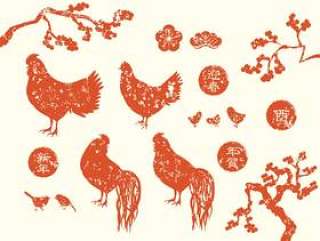 鸡年贺卡汉科风格的材料红色