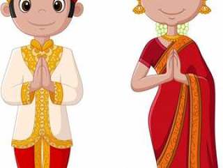 卡通印度情侣穿着传统服饰