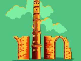 Qutub Minar在德里与葡萄酒或复古风格的矢量图