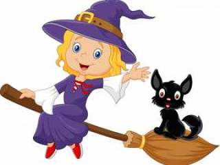 Little witch and a black cat in the flying broomstick