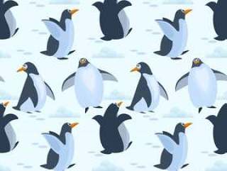 在冰无缝的样式背景的逗人喜爱的企鹅。
