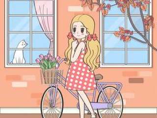 可爱的卡通女孩和自行车