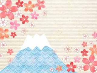 樱花和富士山_粉彩_日本纸背景1650年