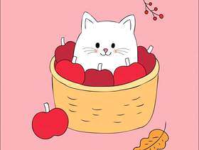卡通可爱的秋天猫在篮子苹果矢量。