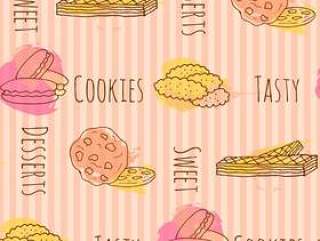 矢量cookie插画。无缝模式手绘饼干与多彩飞溅。甜杏仁饼和薄酥饼。