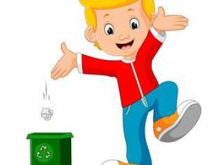 男孩字符在垃圾扔垃圾