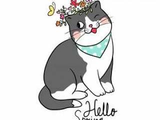 画与春天季节的美丽花的字符逗人喜爱的猫