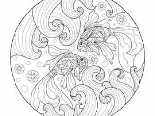Hand drawn illustration of goldfish in zentangle style