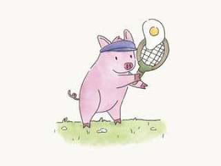 打网球用煎蛋的猪
