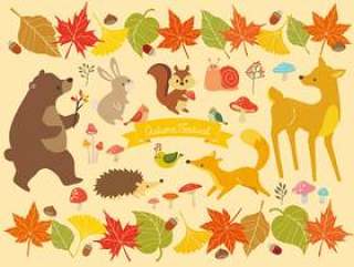 秋天的树叶框架和动物插图（4）