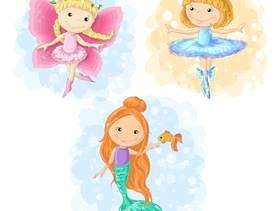 Lovely cartoon girl butterfly, ballerina and a mermaid.