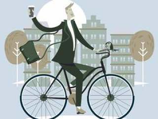 男商人骑自行车和杯咖啡到斯堪的纳维亚风格的办公室
