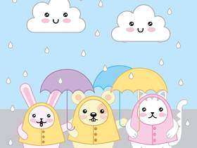 Kawaii兔子猫和老鼠与伞和雨衣动画片
