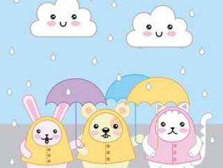 Kawaii兔子猫和老鼠与伞和雨衣动画片