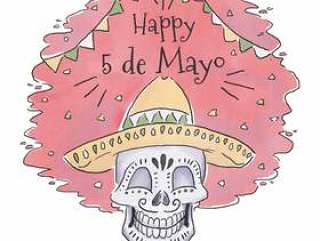 戴着帽子的可爱墨西哥头骨给Cinco De Mayo